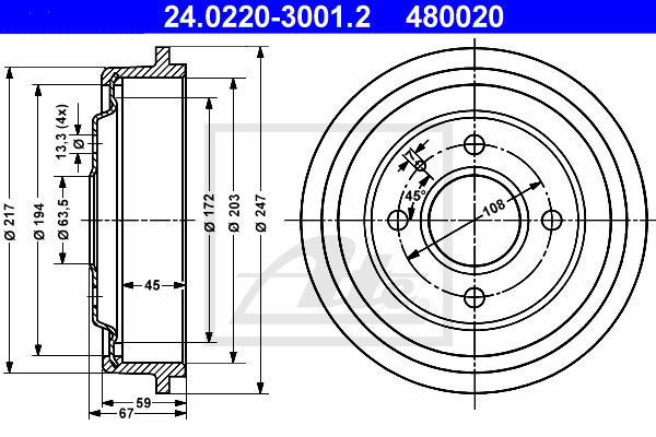 ATE Bremstrommel 24.0220-3001.2