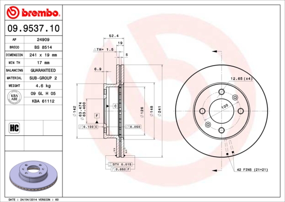 BREMBO Bremsscheibe 09.9537.10
