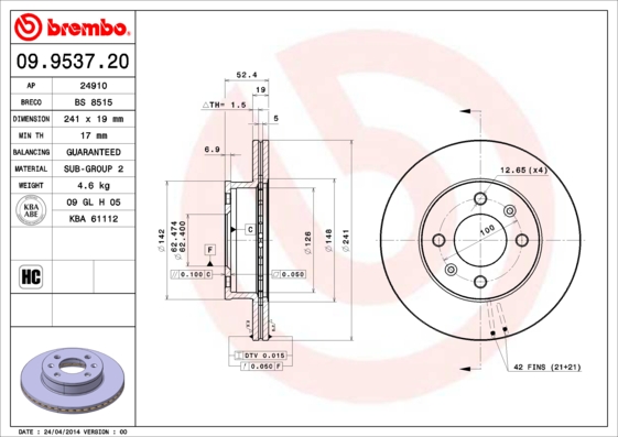 BREMBO Bremsscheibe 09.9537.20