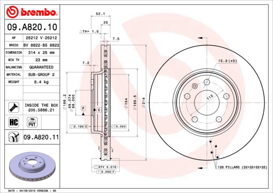 BREMBO Bremsscheibe 09.A820.10