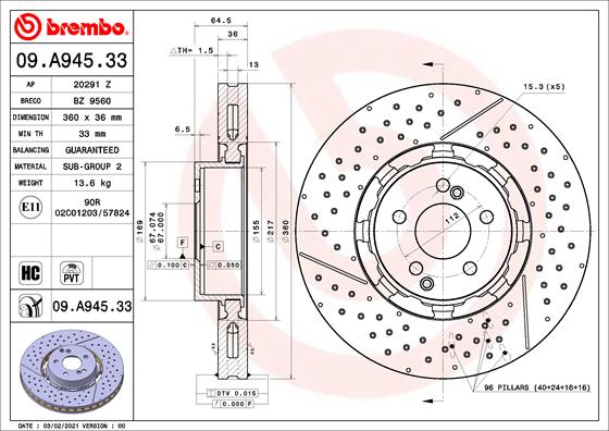 BREMBO Bremsscheibe 09.A945.33