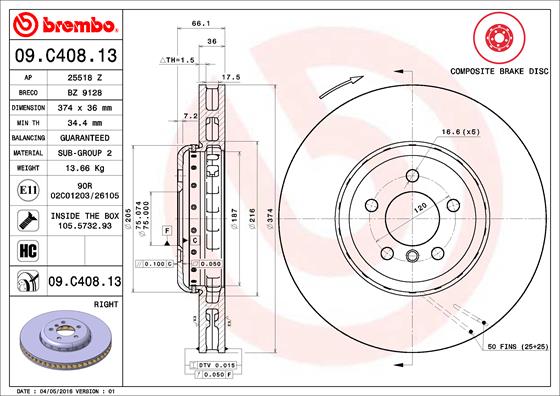 BREMBO Bremsscheibe 09.C408.13