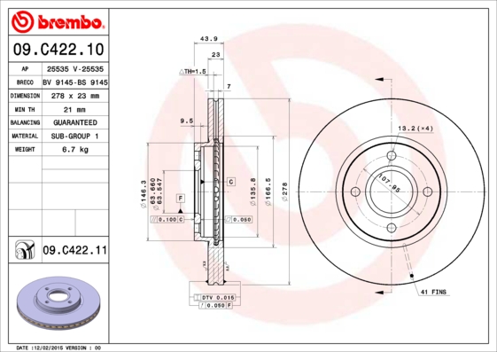 BREMBO Bremsscheibe 09.C422.11